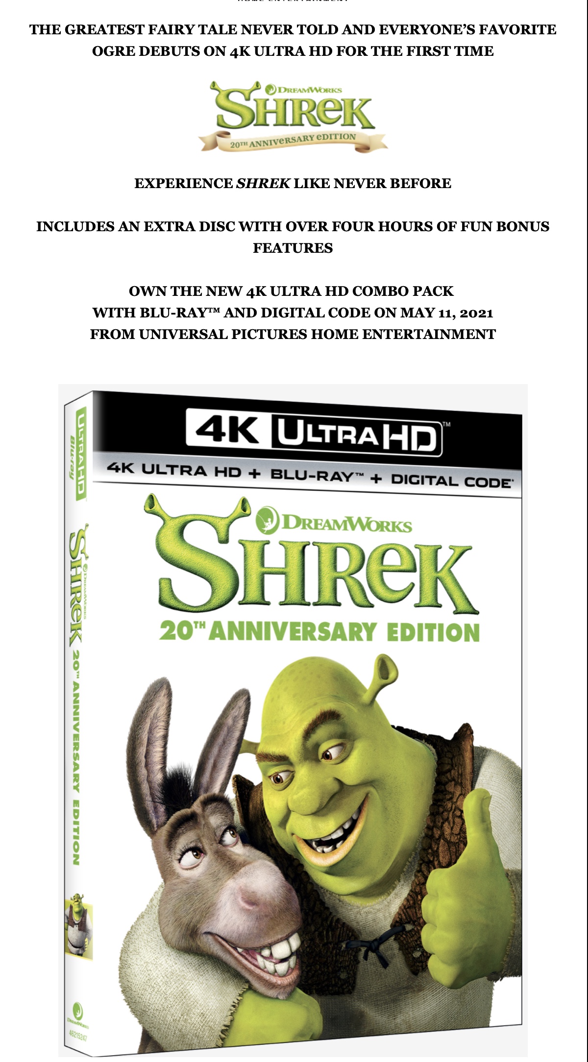 Press Release - USHE Press Release: Shrek (2001) (Blu-ray) (4k UHD) 20th  Anniversary Edition | Home Theater Forum